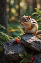 Cute Eastern Chipmunk Enjoying a Berry Feast on a Rock in the Forest. Royalty Free Stock Photo