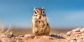 Chipmunk sitting on stones, blurred desert with blue sky on background