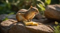 Eastern Chipmunk enjoying his Yellow Cheese Snack on the rock in the forest. Royalty Free Stock Photo