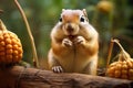 a chipmunk stuffing its cheeks with seeds from a garden