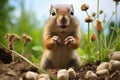 a chipmunk stuffing its cheeks with seeds from a garden