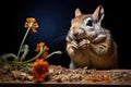 a chipmunk stuffing its cheeks with seeds from a garden