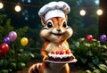 Chipmunk wearing chef hat, holding birthday cake. Generative AI