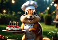 Chipmunk wearing chef hat, holding birthday cake. Generative AI