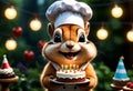 Chipmunk wearing chef hat, holding birthday cake. Generative AI