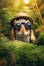 The chipmunk wearing a safari hat and binoculars, peeking out from a dense jungle foliage