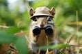 The chipmunk wearing a safari hat and binoculars, peeking out from a dense jungle foliage