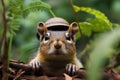 The chipmunk wearing a safari hat and binoculars, peeking out from a dense jungle foliage