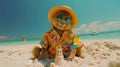 Chipmunks dressed in a Hawaiian shirt, beach shorts, hat, sunglasses is building a sand castle on the beach