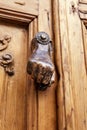 Chipped doorknocker with hand shape on wooden door