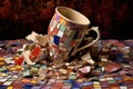 chipped mug amidst broken ceramic pieces, artistic view