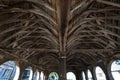 Chipping Campden, Gloucestershire, UK. Arches, ceiling and interior of Market Hall, historic arched building