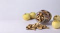 Chips apples in a glass jar and pieces of this fruits on a white background, horizontal format, Copy space Royalty Free Stock Photo