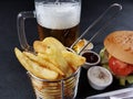 Chips beer sauce burger delicious tasty healthy eating Royalty Free Stock Photo