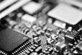 Chips on the board. Close-up. Black-and-white.Technological progress concept Royalty Free Stock Photo