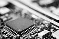 Chips on the board. Close-up. Black-and-white.Technological progress concept Royalty Free Stock Photo