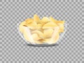 Chips bowl, 3d potato snack. Harmful junk salty food in glass meal dish isolated on transparent background, nutrition