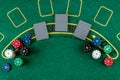 Chips cards lie on a green blackjack table top view. Casino concept, gambling Royalty Free Stock Photo