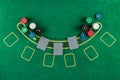 Chips cards lie on a green blackjack table top view. Casino concept, gambling Royalty Free Stock Photo