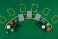 Chips cards lie on a green blackjack table top view. Casino concept, gambling Royalty Free Stock Photo