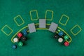 Chips cards lie on a green blackjack table top view. Casino concept, gambling Royalty Free Stock Photo