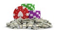 Chips of casino and Pile of Dollars (clipping path included)