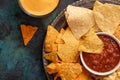 Chips close-up with salsa, rest and party snacks Royalty Free Stock Photo