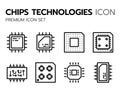 Chips icons outline set. Innovations and modern technologies. Processor for computer or laptop, server.