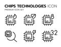 Chips icons outline set. Innovations and modern technologies. Processor for computer or laptop, server.