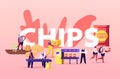Chips Manufacture Concept. People Produce Snack. Farmer Digging Raw Potato on Ranch, Worker Characters Producing Chips