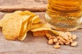 Chips, peanuts, beer close up. Royalty Free Stock Photo