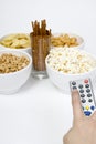 Chips peanuts popcorn salted sticks Royalty Free Stock Photo