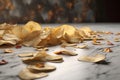 Chips potato snack scattered on table. Generate ai