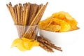 Chips and Saltsticks (with clipping path) Royalty Free Stock Photo