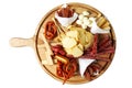 Chips, sausages and cheeses on a wooden board. Appetizing beer snack. Top view. Isolated over white background Royalty Free Stock Photo