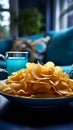 Chips snack, prominently placed on a coffee table in a chic blue decorated lounge