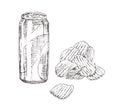 Chips and Soda Monochrome Sketch Style Icon Set