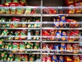 Chips on store shelves in a supermarket