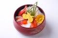 Chirashi Don in wooden bowl isolated on white background. japane Royalty Free Stock Photo