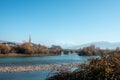 Chirchik river in Gazalkent city. Autumn landscape river and mountains. Beautiful views of Uzbekistan