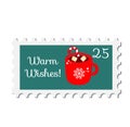 Chiristmas postal stamp with hot cocoa mug. New year postage symbol. Vector icon