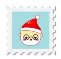 Chiristmas postal stamp with Santa Claus face. New year postage symbol. Vector icon