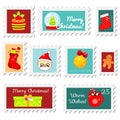 Chiristmas postal stamps. New year postage stamps with cute seasonal symbols. Vector collection Royalty Free Stock Photo