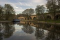 Chirk aqueduct and viaduct on the Llangollen canal, on the border of England and Wales. With a barge moored Royalty Free Stock Photo