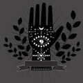 Chiromancy and good luck charms. Palmistry graphic design, evil eye, all seeing eye, third eye, good luck poster