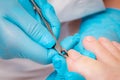 A chiropodist in blue medicine gloves gives a pedicure to the client& x27;s foot, cutting dry skin with clippers. Close Royalty Free Stock Photo