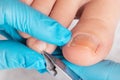 A chiropodist gives a pedicure to the client& x27;s feet, cutting dry skin with clippers. Close up. The concept of foot Royalty Free Stock Photo