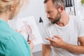 chiropractic showing human body picture to male patient during appointment Royalty Free Stock Photo