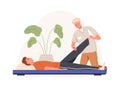 Chiropractor and patient at physiotherapy rehabilitation. Physiotherapist adjusting leg. Rehab chiropractic therapy and