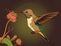 A chirpy hummingbird sipping a drop of honey from a flower. Cute creature. AI generation